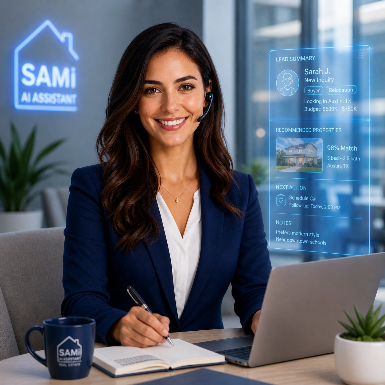 SAMI AI real estate voice assistant — professional with headset